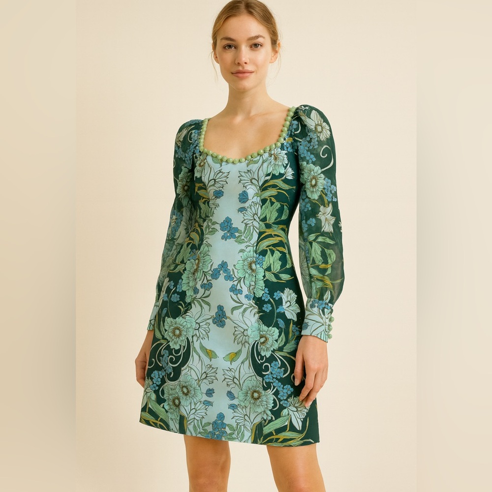 Boston Proper Green and Blue Floral Long Sleeve Dress